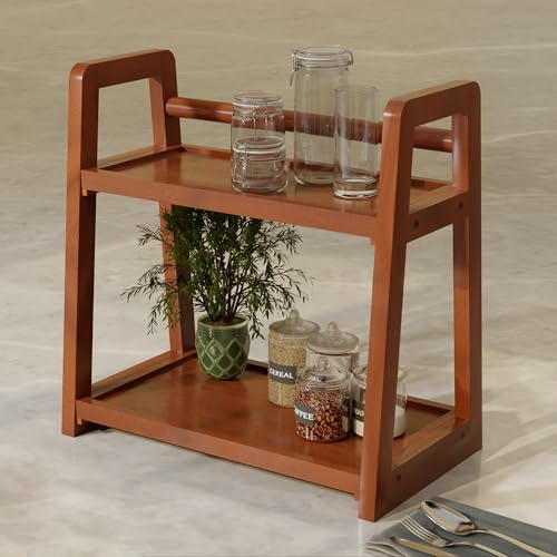 World Mart® Wooden Kitchen Counter Top Organizer | 2-Tier Multipurpose Corner Shelf Rack | Walnut Finish Storage Stand for Spices, Oils, Makeup, Office & Home | Easy DIY Assembly | 18x18x11 Inches - Image 1