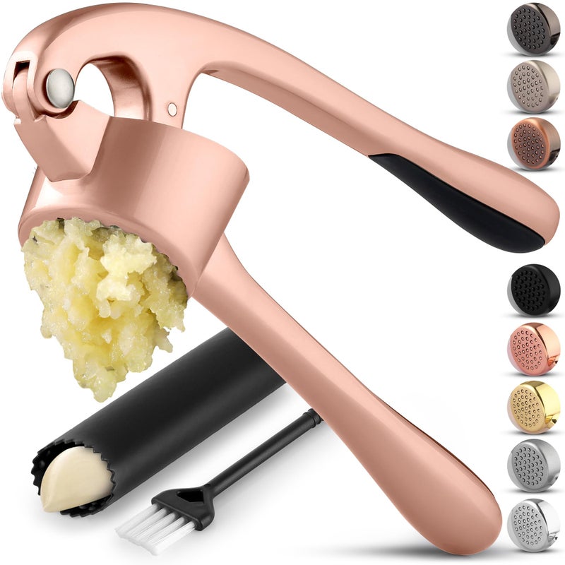 Zulay Kitchen Premium Garlic Press Set - Rust Proof Professional Garlic Mincer Tool - Easy-Squeeze, Easy-Clean with Soft Handle - Silicone Garlic Peeler & Brush (Rose Gold) - Image 1