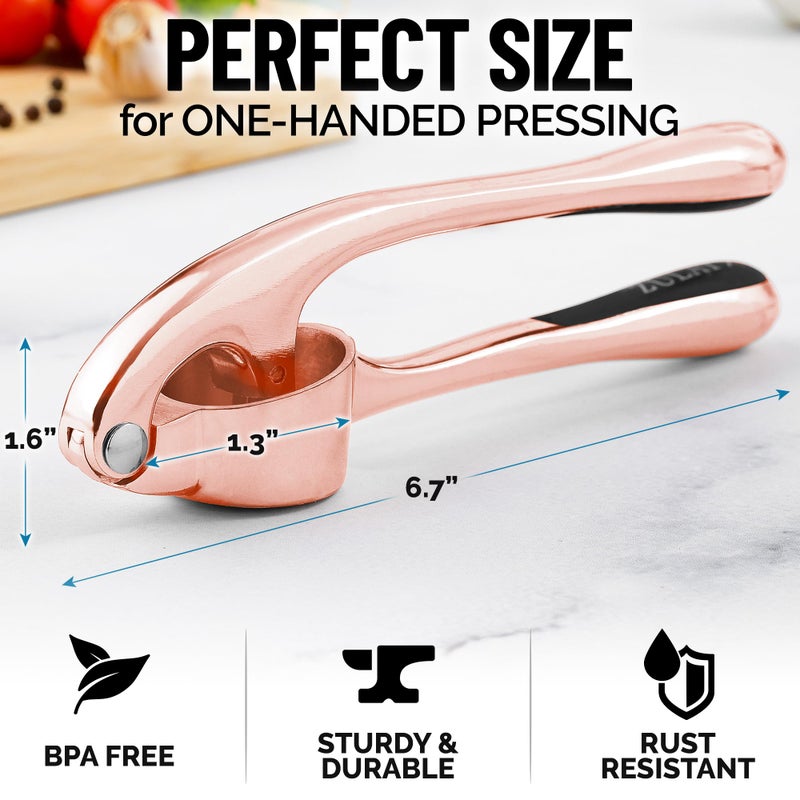 Zulay Kitchen Premium Garlic Press Set - Rust Proof Professional Garlic Mincer Tool - Easy-Squeeze, Easy-Clean with Soft Handle - Silicone Garlic Peeler & Brush (Rose Gold) - Image 2