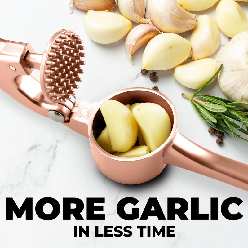 Zulay Kitchen Premium Garlic Press Set - Rust Proof Professional Garlic Mincer Tool - Easy-Squeeze, Easy-Clean with Soft Handle - Silicone Garlic Peeler & Brush (Rose Gold) - Image 4