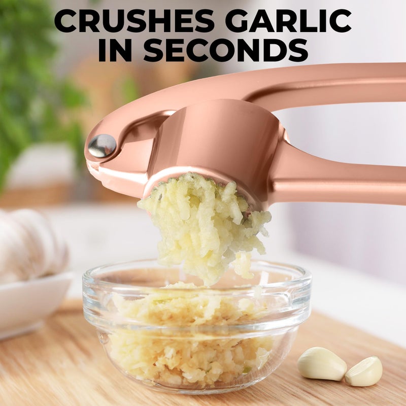 Zulay Kitchen Premium Garlic Press Set - Rust Proof Professional Garlic Mincer Tool - Easy-Squeeze, Easy-Clean with Soft Handle - Silicone Garlic Peeler & Brush (Rose Gold) - Image 5