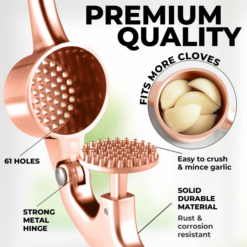 Zulay Kitchen Premium Garlic Press Set - Rust Proof Professional Garlic Mincer Tool - Easy-Squeeze, Easy-Clean with Soft Handle - Silicone Garlic Peeler & Brush (Rose Gold) - Image 3