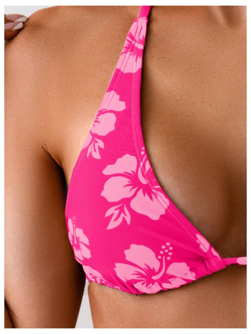 MakeMeChic Women's Polka Dots Triangle Thong Bikini Sets Floral Cute Bathing Suit Swimsuits Floral Hot Pink Medium - Image 4