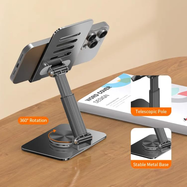 BROADONYX Adjustable Mobile Phone Stand for Desk 360° Rotating and Foldable Holder with Sturdy Base Compatible with All Smartphones Sleek Aluminum Design for Home and Office Use - Image 2