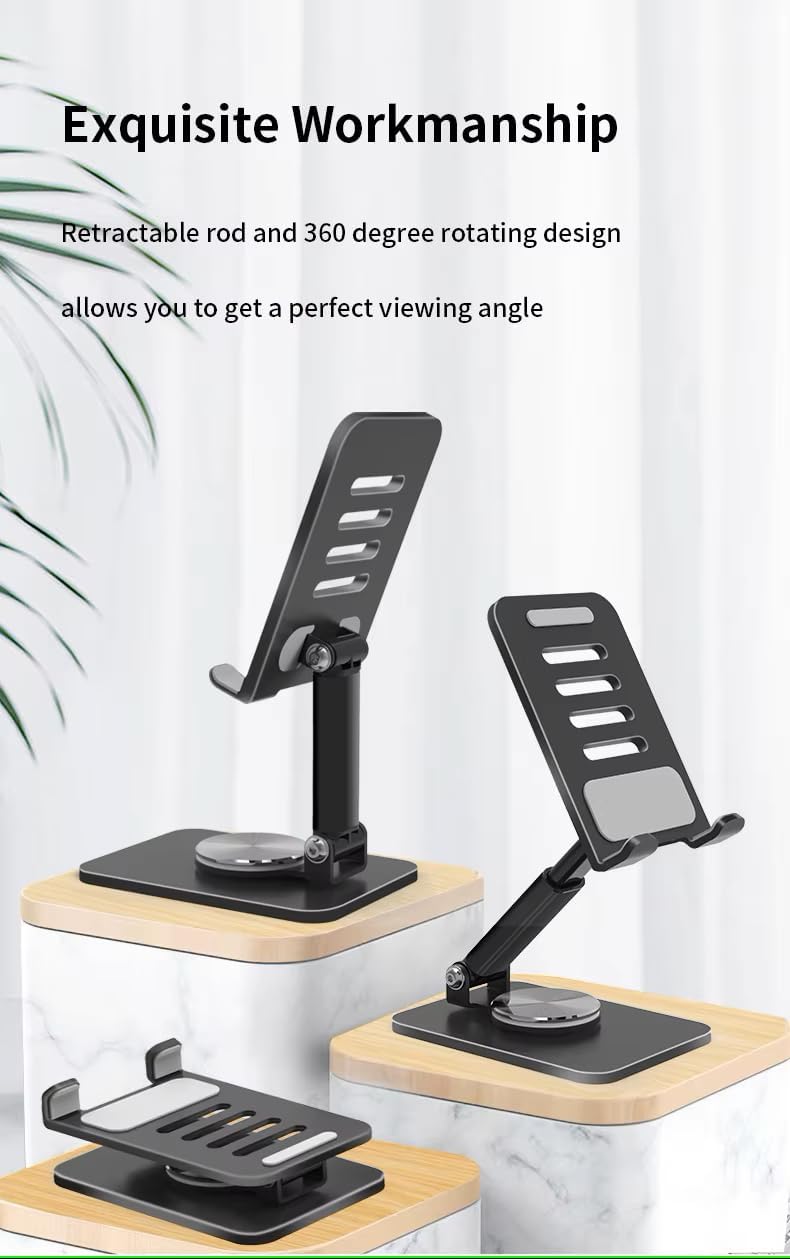 BROADONYX Adjustable Mobile Phone Stand for Desk 360° Rotating and Foldable Holder with Sturdy Base Compatible with All Smartphones Sleek Aluminum Design for Home and Office Use - Image 4