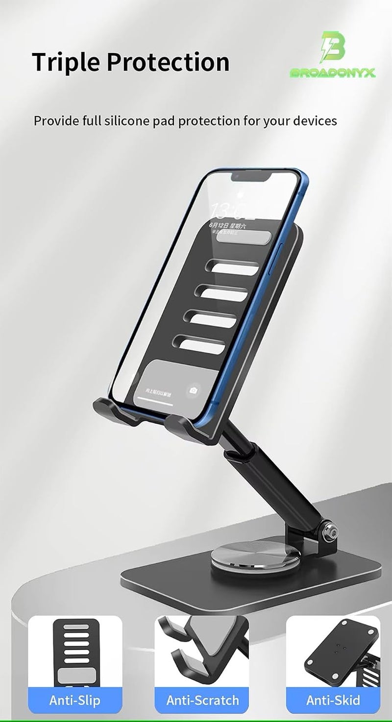 BROADONYX Adjustable Mobile Phone Stand for Desk 360° Rotating and Foldable Holder with Sturdy Base Compatible with All Smartphones Sleek Aluminum Design for Home and Office Use - Image 5