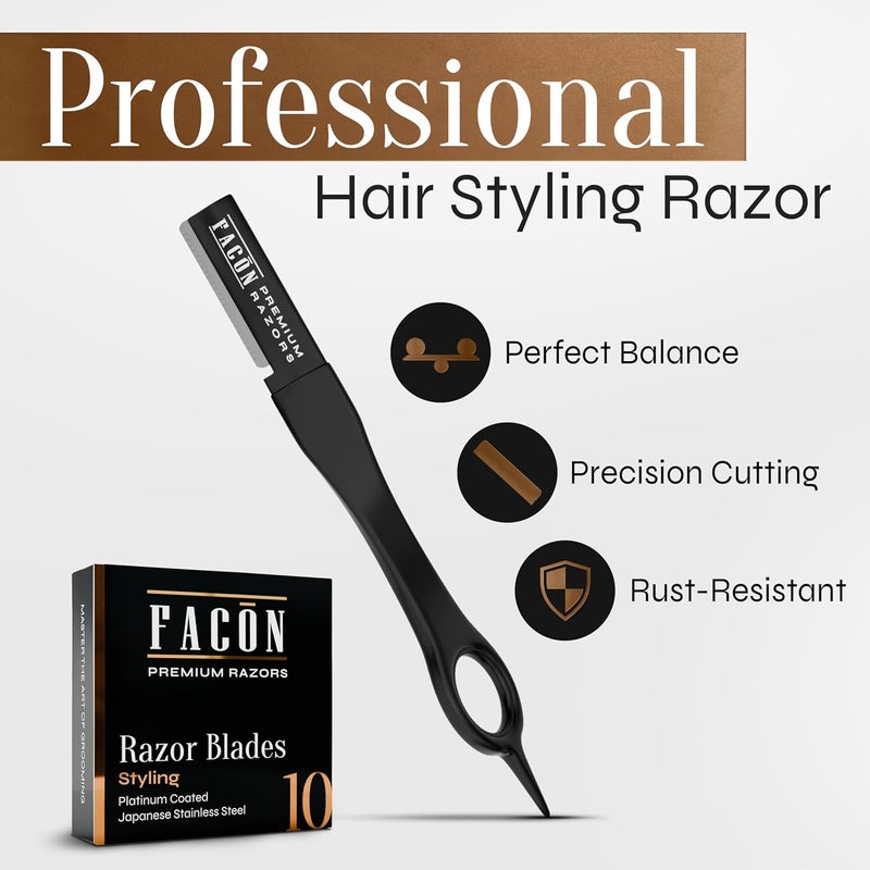 FACON Facón Beard Razor for Men - Professional Beard Shaping Tool Grooming Kit with 11 Replacement Blades, Mustache Shaper, Edger & Lineup, Premium Precision Straight Edge Razor 100% Stainless Steel Blade - Image 2