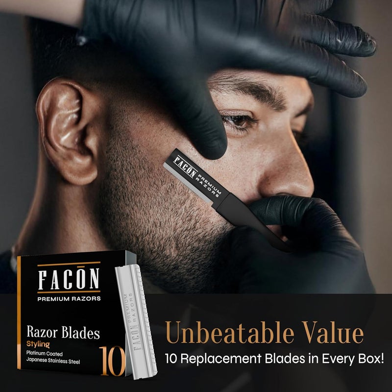FACON Facón Beard Razor for Men - Professional Beard Shaping Tool Grooming Kit with 11 Replacement Blades, Mustache Shaper, Edger & Lineup, Premium Precision Straight Edge Razor 100% Stainless Steel Blade - Image 5
