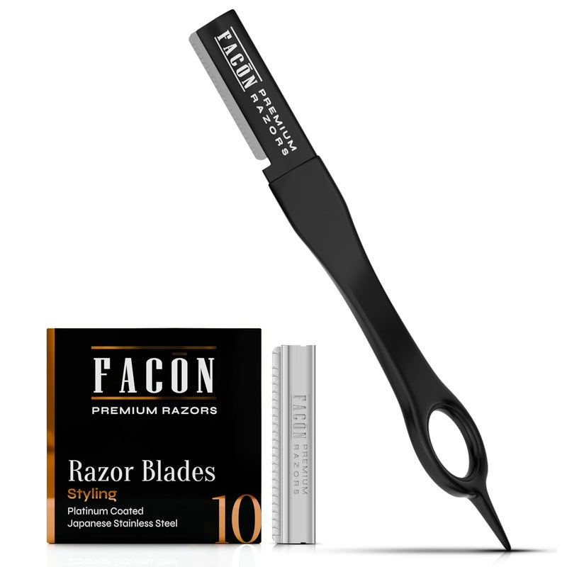 FACON Facón Beard Razor for Men - Professional Beard Shaping Tool Grooming Kit with 11 Replacement Blades, Mustache Shaper, Edger & Lineup, Premium Precision Straight Edge Razor 100% Stainless Steel Blade - Image 1