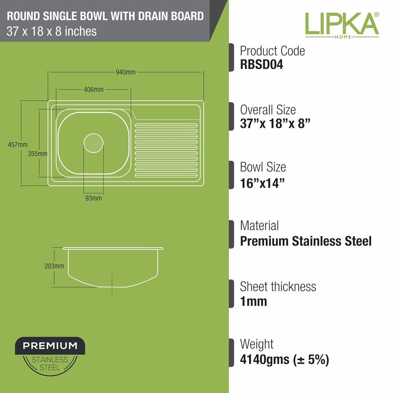 Lipka LIPKA Single Bowl with Drainboard Kitchen Sink 37 x 18 x 8 Inches Premium Stainless Steel Round Single Bowl Kitchen Sink with Glossy Finish Including round Sink Coupling and Waste Pipe - Image 2
