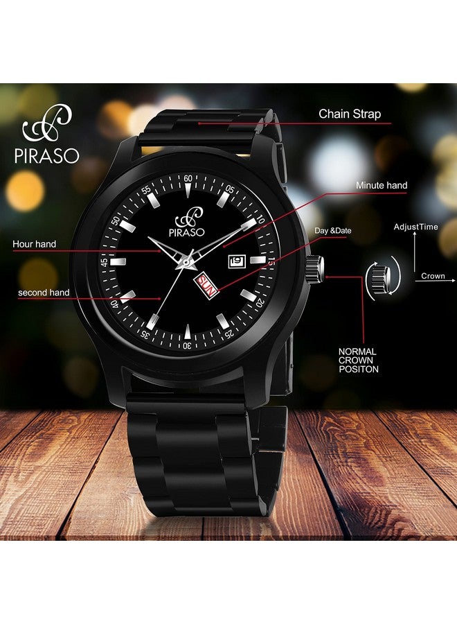 PIRASO Stainless Steel Classy Look Black Day And Date Display Chain Analog Watch For Men/Boys - Image 2