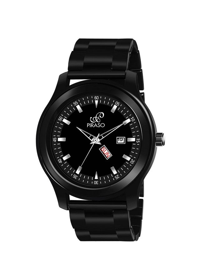PIRASO Stainless Steel Classy Look Black Day And Date Display Chain Analog Watch For Men/Boys - Image 1