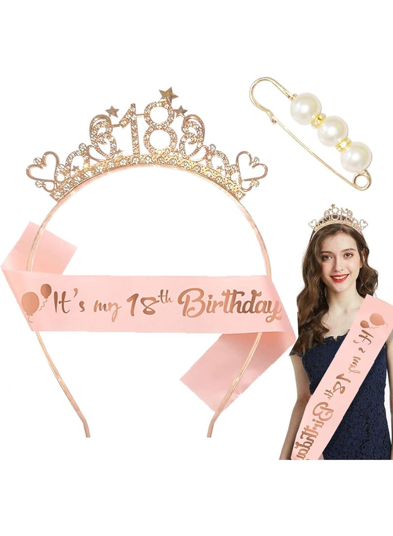 SOLARAE Birthday Girl Headband, Birthday Crown Tiara and Sash, Rose Gold Crystal Crown Set, Pearl Pins, Birthday Girl Headband Birthday Gifts for Women, Sweet Happy Birthday Accessories - Image 1