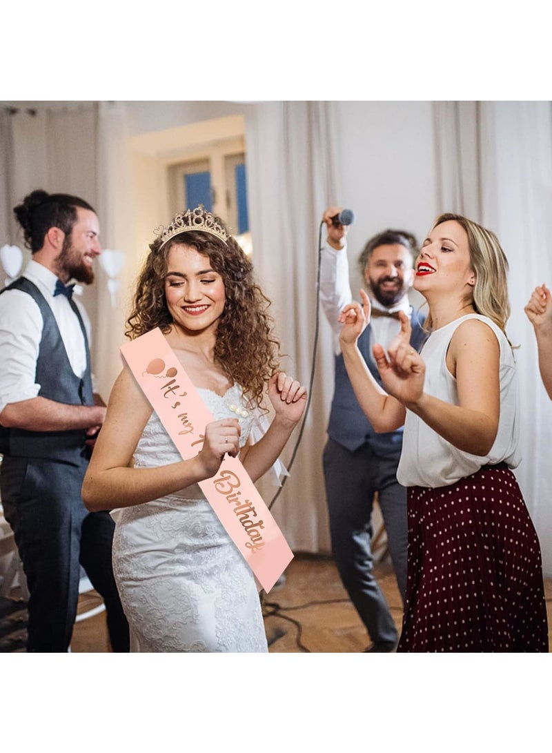 SOLARAE Birthday Girl Headband, Birthday Crown Tiara and Sash, Rose Gold Crystal Crown Set, Pearl Pins, Birthday Girl Headband Birthday Gifts for Women, Sweet Happy Birthday Accessories - Image 3