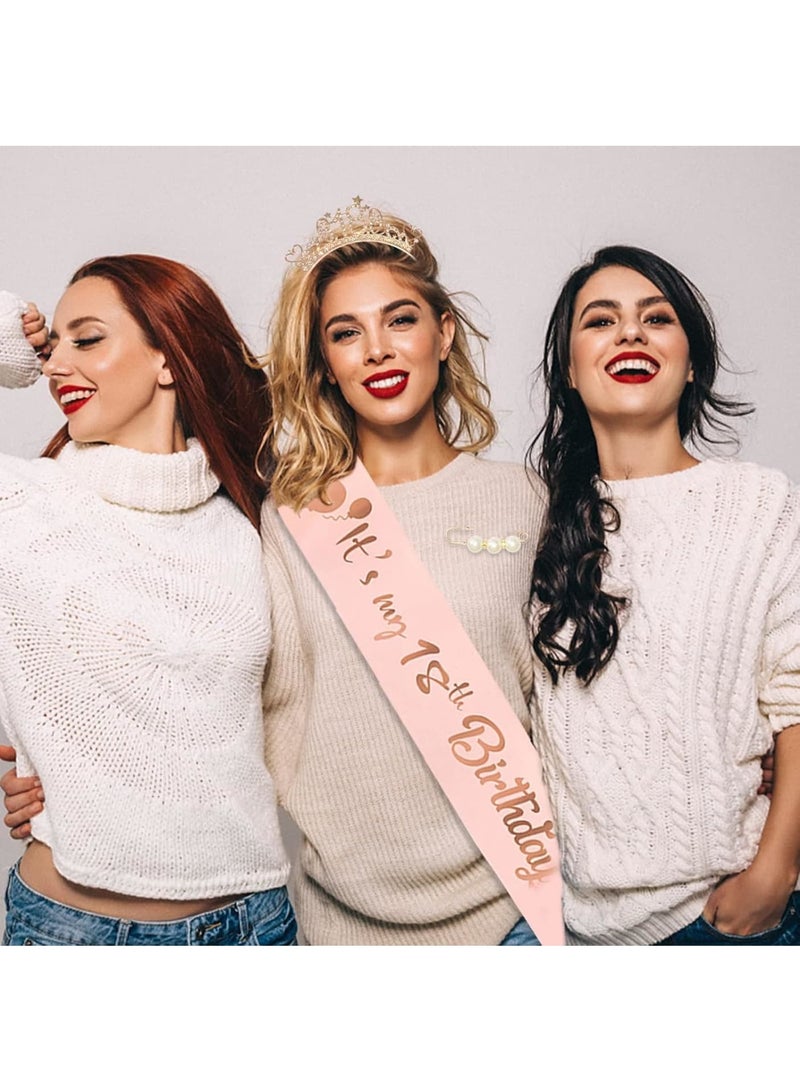 SOLARAE Birthday Girl Headband, Birthday Crown Tiara and Sash, Rose Gold Crystal Crown Set, Pearl Pins, Birthday Girl Headband Birthday Gifts for Women, Sweet Happy Birthday Accessories - Image 2