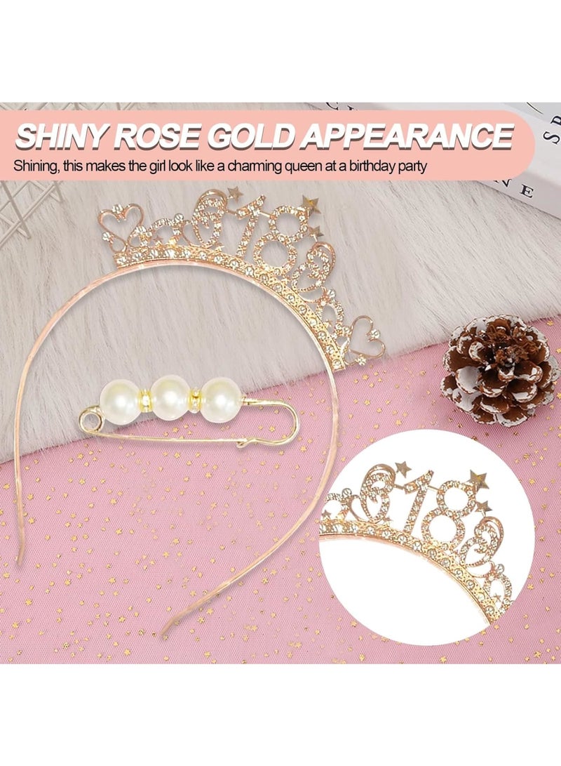 SOLARAE Birthday Girl Headband, Birthday Crown Tiara and Sash, Rose Gold Crystal Crown Set, Pearl Pins, Birthday Girl Headband Birthday Gifts for Women, Sweet Happy Birthday Accessories - Image 4