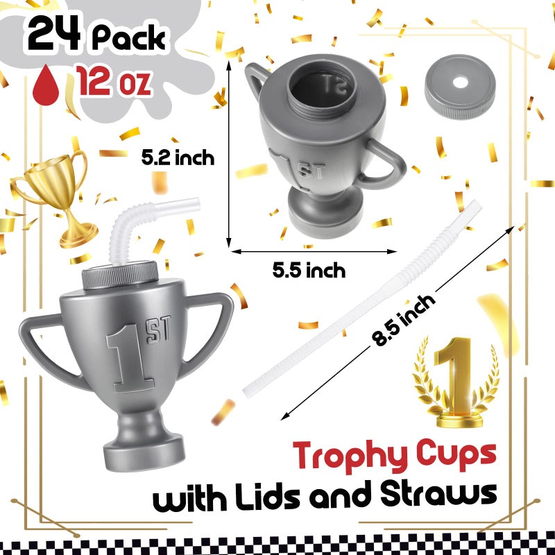 Amyhill 24 Pcs Race Car Trophy Cups With Straws and Lids 12 Oz Plastic Race Car Birthday Party Supplies And Favors For Kids Adults Props Rewards Winning Prizes Competitions Silver - Image 3