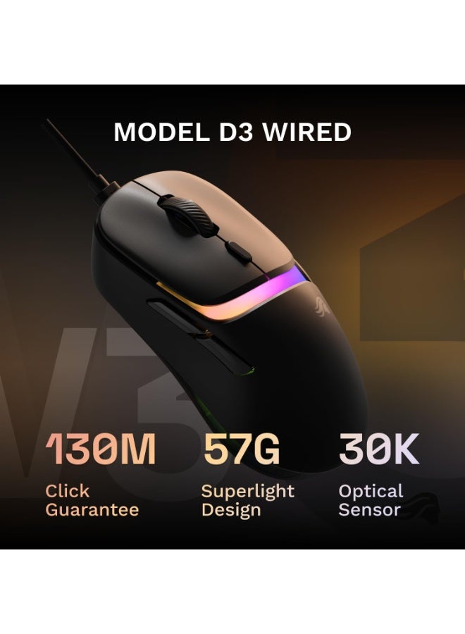 Glorious Gaming Model D3 Wired Gaming Mouse - Ultralight 57g Weight, 130M Click Optical Switches, 30K DPI BAMF 3.0 Sensor, 750 IPS Tracking, 50G Acceleration, Supports All Grip Types - Black - Image 2
