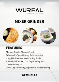 Wurfal WURFAL 3-In-1 Mixer Grinder 750 w With Unbreakable ABS Body And Stainless Steel Jars  - Image 3