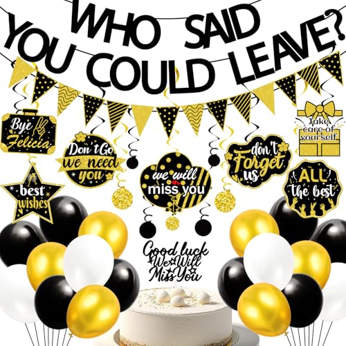 Freesdai Black and Gold Goodbye Party Decorations Farewell Decor Balloons Who Said You Could Leave Banner Hanging Swirls Cupcake Topper Going Away Supplies - Image 1