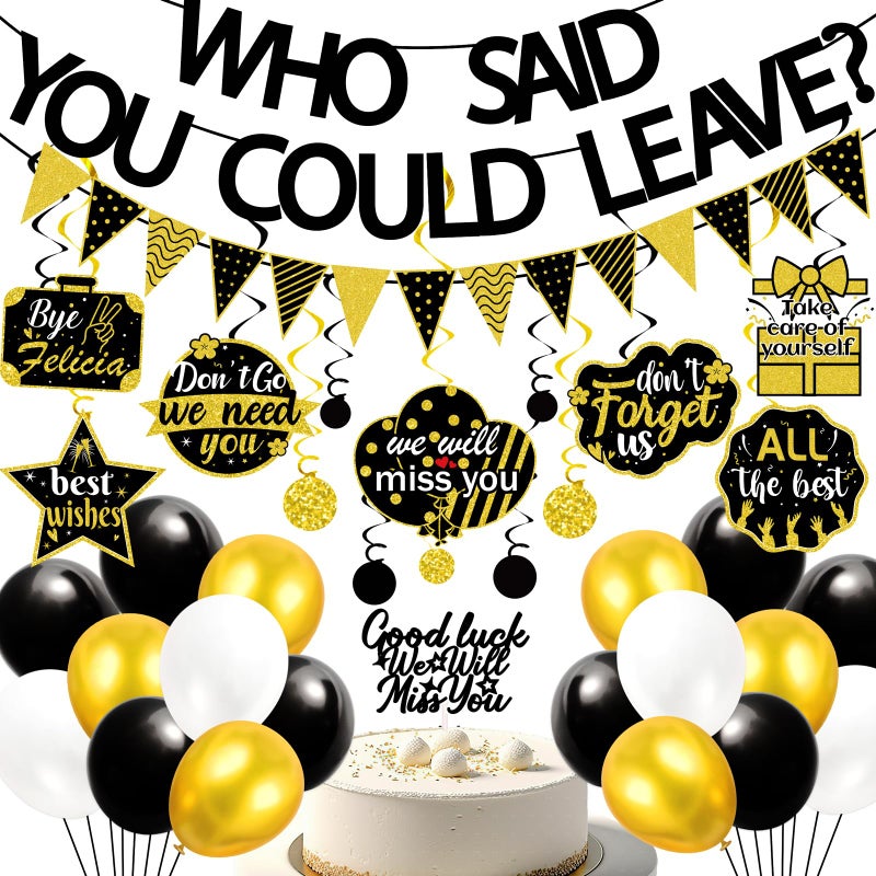 Freesdai Black and Gold Goodbye Party Decorations Farewell Decor Balloons Who Said You Could Leave Banner Hanging Swirls Cupcake Topper Going Away Supplies - Image 2