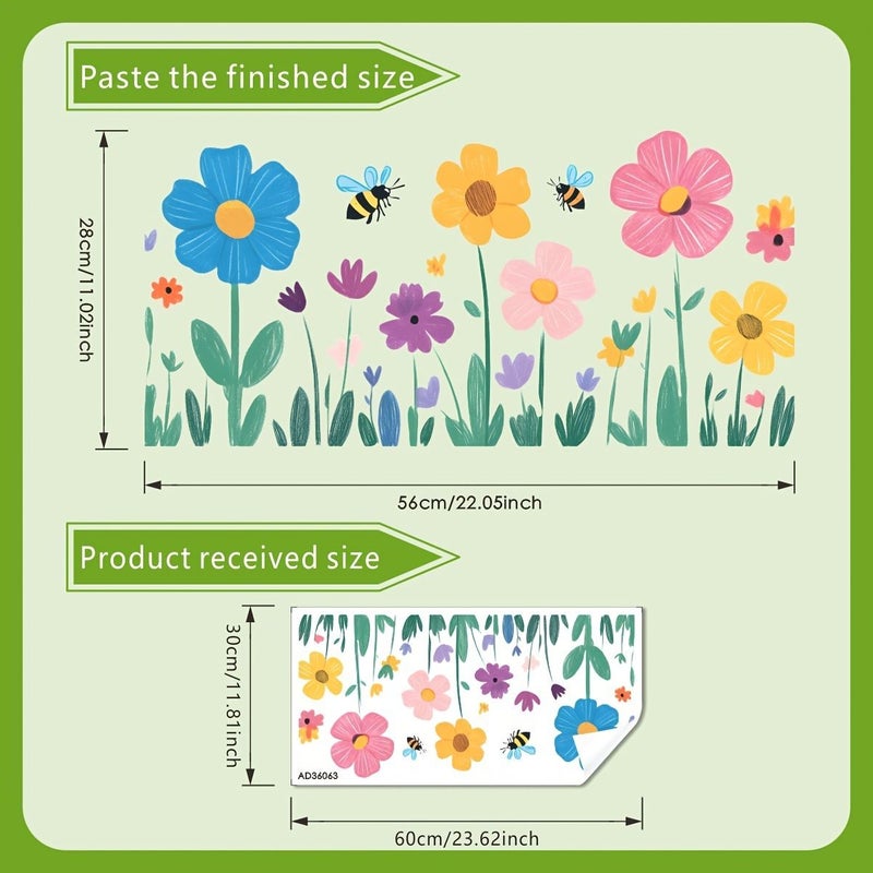 Colorful Flower And Bee Window Sticker Set Self Adhesive Removable Cartoon Floral Decals For Kids Room Bedroom Nursery Living Room Window Decor Vibrant Spring Garden Art - Image 3