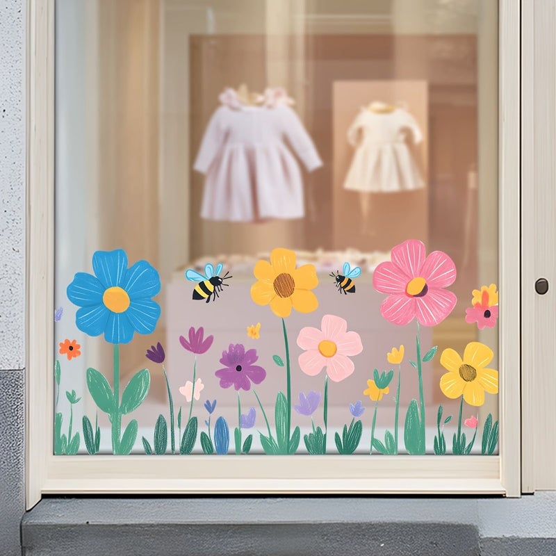 Colorful Flower And Bee Window Sticker Set Self Adhesive Removable Cartoon Floral Decals For Kids Room Bedroom Nursery Living Room Window Decor Vibrant Spring Garden Art - Image 5