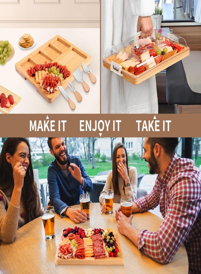 CAWIU Charcuterie Board with Lid and Handle - Portable Travel Design Bamboo Cheese Board Set with 4 Cheese Tools, Gift for Housewarming, Weddings, Picnics(6 Compartments, White) - Image 3