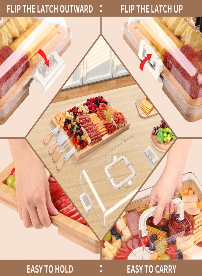 CAWIU Charcuterie Board with Lid and Handle - Portable Travel Design Bamboo Cheese Board Set with 4 Cheese Tools, Gift for Housewarming, Weddings, Picnics(6 Compartments, White) - Image 2