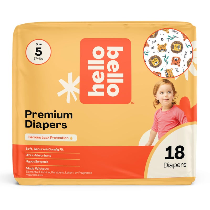 Hello Bello Diapers, Size 5 (27 lbs) Wild Cats, 18 Count of Premium Disposable Baby Diapers, Hypoallergenic with Soft, Cloth-Like Feel - Image 1