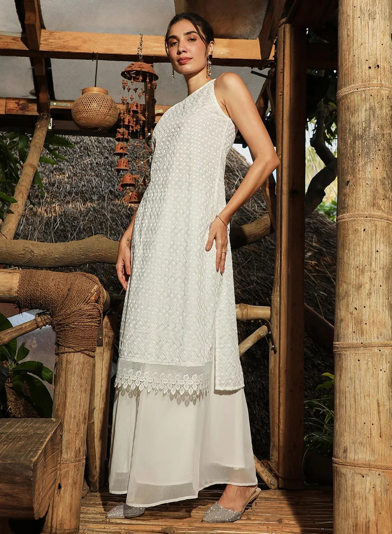 QISSA Women's Daisy White Flora Frill Kurta Set