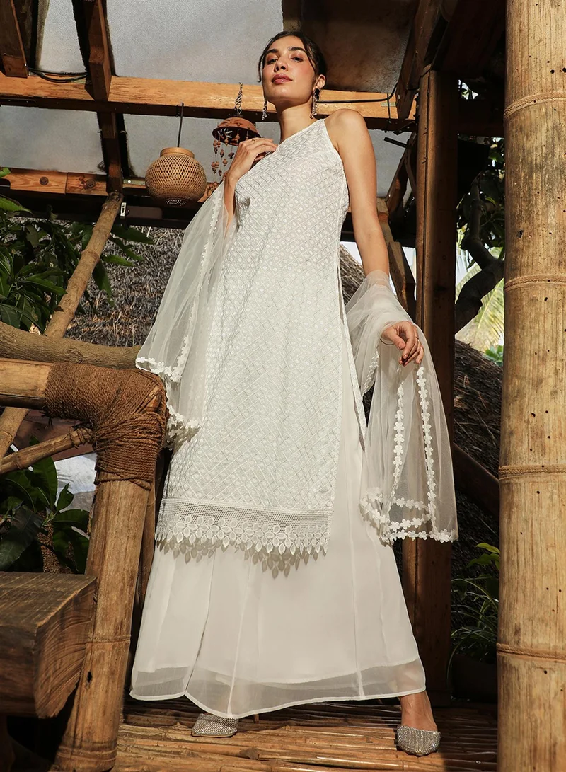QISSA Women's Daisy White Flora Frill Kurta Set