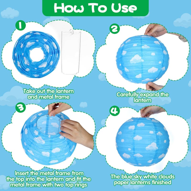 AKAIXI 12PCS Blue Sky White Clouds Paper Lanterns, 10 inch Blue Party Decorations Hanging Round Paper Lanterns Clouds Theme Party Decorations for Birthday Home Decor - Image 3