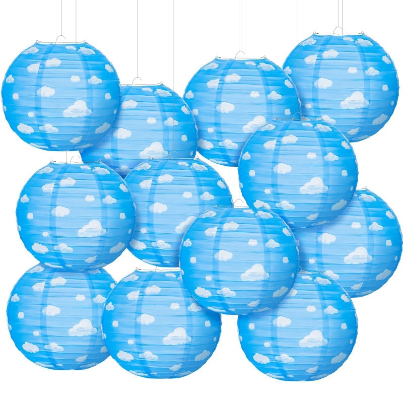 AKAIXI 12PCS Blue Sky White Clouds Paper Lanterns, 10 inch Blue Party Decorations Hanging Round Paper Lanterns Clouds Theme Party Decorations for Birthday Home Decor - Image 1