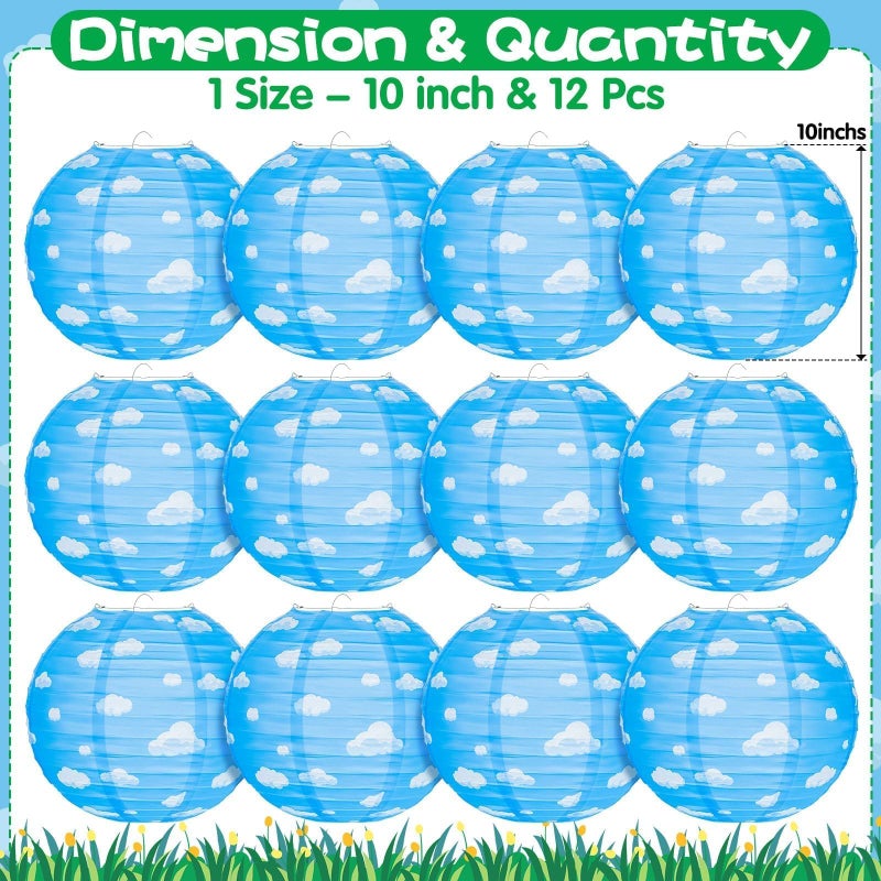 AKAIXI 12PCS Blue Sky White Clouds Paper Lanterns, 10 inch Blue Party Decorations Hanging Round Paper Lanterns Clouds Theme Party Decorations for Birthday Home Decor - Image 2
