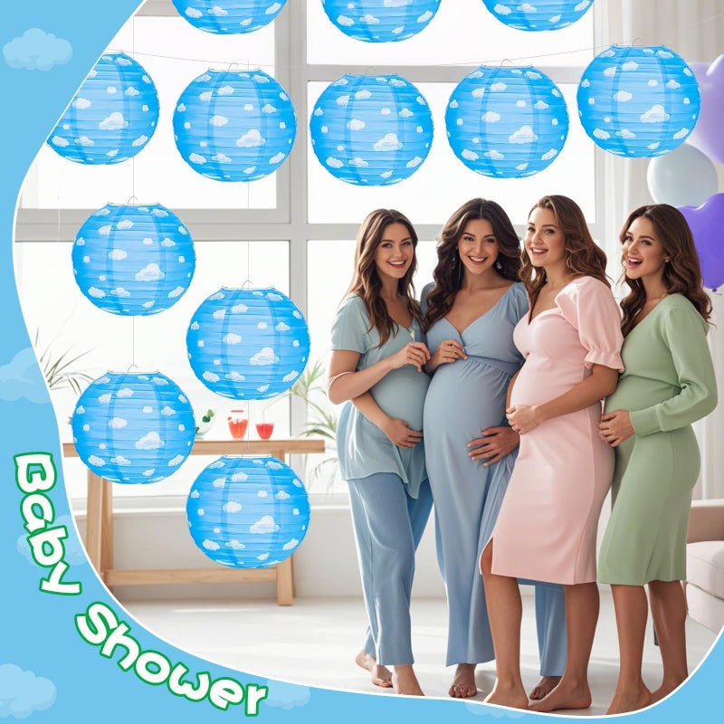 AKAIXI 12PCS Blue Sky White Clouds Paper Lanterns, 10 inch Blue Party Decorations Hanging Round Paper Lanterns Clouds Theme Party Decorations for Birthday Home Decor - Image 5