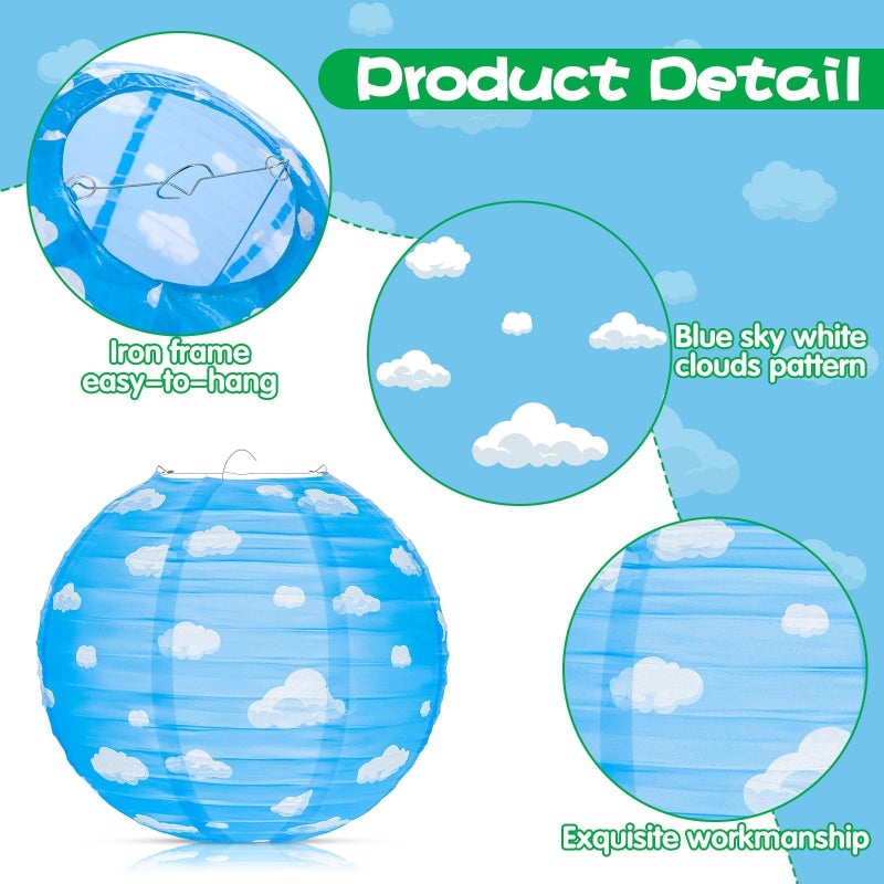 AKAIXI 12PCS Blue Sky White Clouds Paper Lanterns, 10 inch Blue Party Decorations Hanging Round Paper Lanterns Clouds Theme Party Decorations for Birthday Home Decor - Image 4