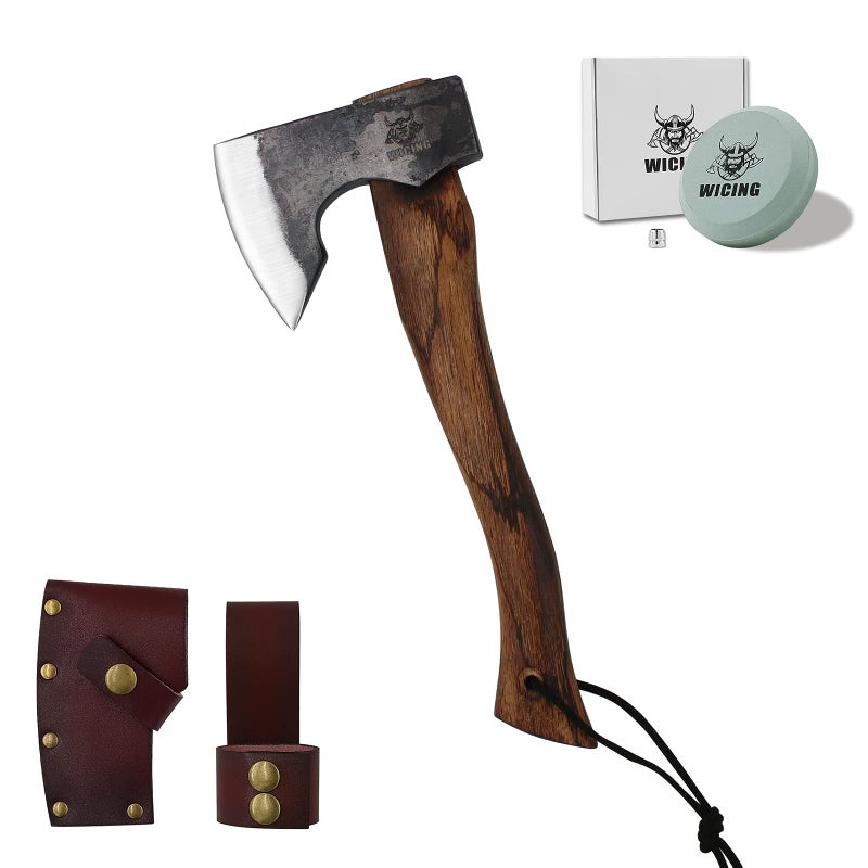 WICING 13.5 Inch Hatchet, Camping Axes and Hatchets 1065 Carbon Steel and Beech Handle, with Leather Sheath - Image 1