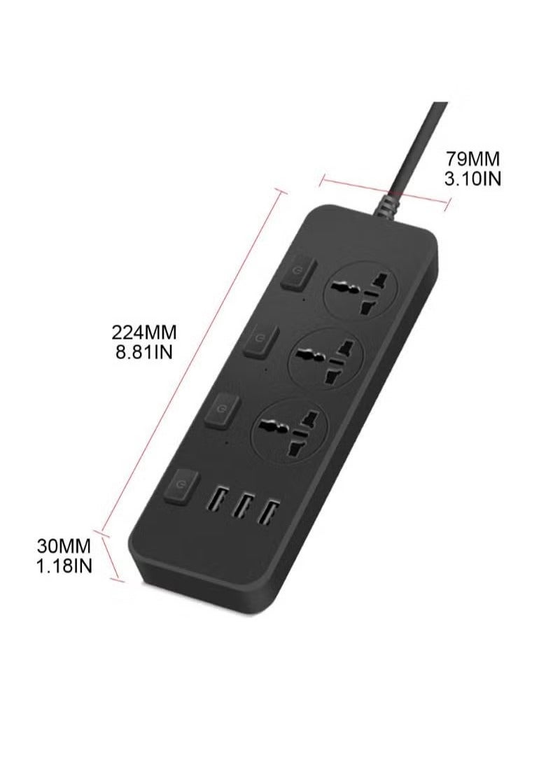 سلك تمديد قطاع الطاقة بطول 2 متر مع 6 مقابس عالمية و4 منافذ USB للشحن (أسود)  - Image 3