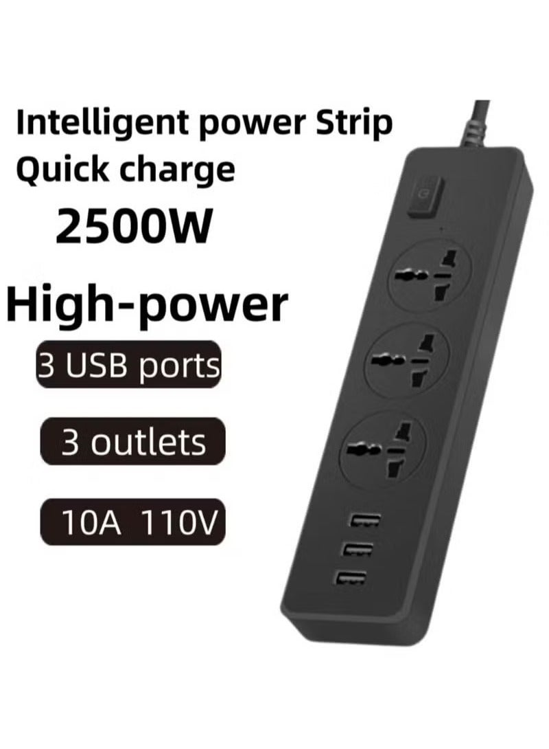 سلك تمديد قطاع الطاقة بطول 2 متر مع 6 مقابس عالمية و4 منافذ USB للشحن (أسود)  - Image 2