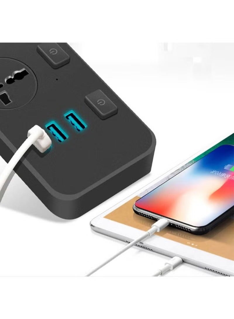 سلك تمديد قطاع الطاقة بطول 2 متر مع 6 مقابس عالمية و4 منافذ USB للشحن (أسود)  - Image 4