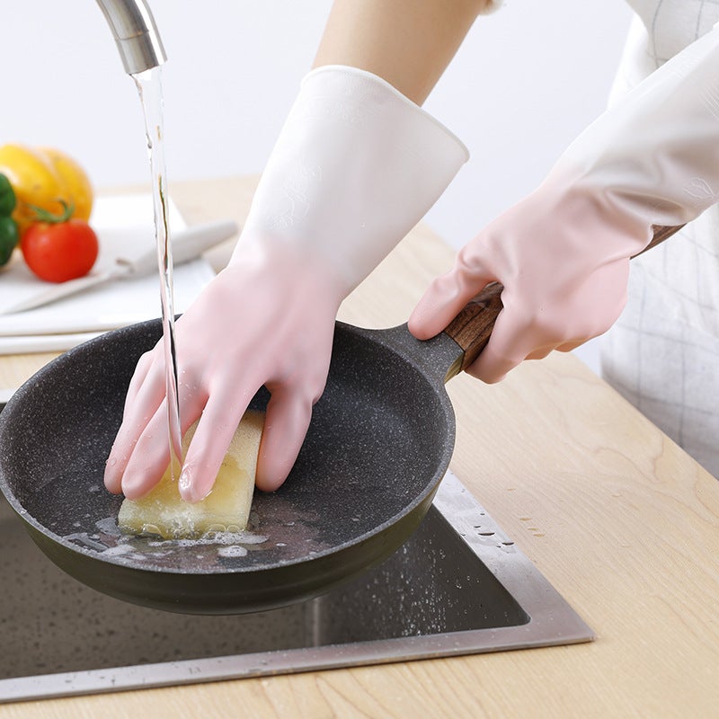 Dual-Color Durable Kitchen Cleaning Gloves Double pink - Image 1