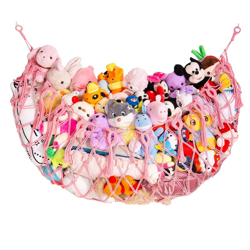 Stuffed Animal Net or Hammock Wall Hanging Net for Stuffed Animal Storage Macrame Toy Display Plush Toy Holder Soft Toy organizer for Nurery Baby Bedroom PlayroomPink