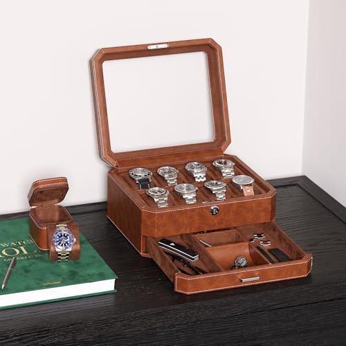ROTHWELL 8 Slot Leather Watch Box with Valet Drawer - Luxury Case Display Jewelry Organizer, Locking Display Case Holder, Real Glass Top - Watch Box Organizer for Men & Women (Tan/Brown) - Image 4