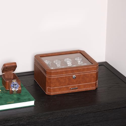 ROTHWELL 8 Slot Leather Watch Box with Valet Drawer - Luxury Case Display Jewelry Organizer, Locking Display Case Holder, Real Glass Top - Watch Box Organizer for Men & Women (Tan/Brown) - Image 5
