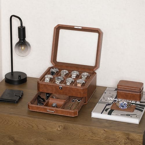 ROTHWELL 8 Slot Leather Watch Box with Valet Drawer - Luxury Case Display Jewelry Organizer, Locking Display Case Holder, Real Glass Top - Watch Box Organizer for Men & Women (Tan/Brown) - Image 2