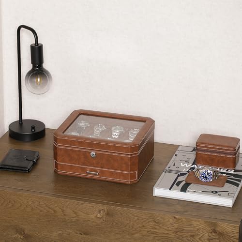 ROTHWELL 8 Slot Leather Watch Box with Valet Drawer - Luxury Case Display Jewelry Organizer, Locking Display Case Holder, Real Glass Top - Watch Box Organizer for Men & Women (Tan/Brown) - Image 3