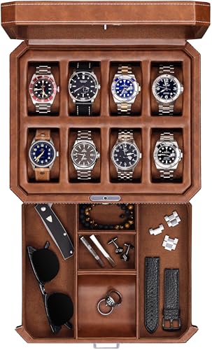 ROTHWELL 8 Slot Leather Watch Box with Valet Drawer - Luxury Case Display Jewelry Organizer, Locking Display Case Holder, Real Glass Top - Watch Box Organizer for Men & Women (Tan/Brown) - Image 1