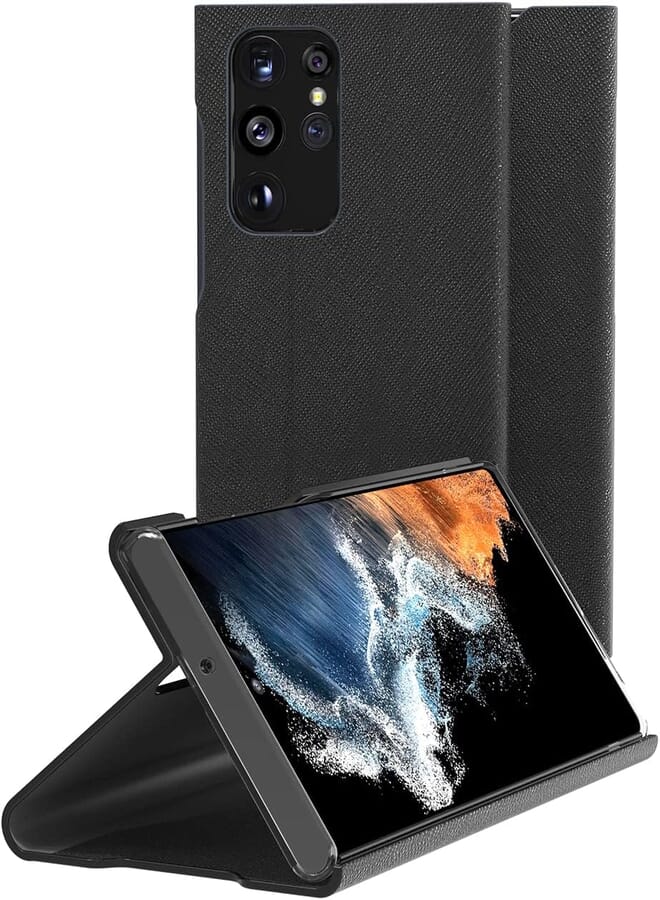 araree Bonnet Stand Hybrid Premium Taiga Pattern PU Leather Cover Compatible with Samsung Galaxy S22 Ultra Full Protection Flip Case for Women, Men (Black)|1 year manufacturer warranty