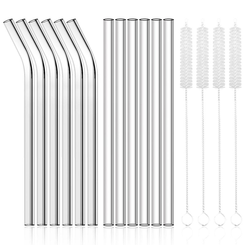 AKONEGE 12 Pack Reusable Glass Straws  Clear Glass Drinking Straws 85x10MM 6 Straight  6 Bent 4 Cleaning Brushes for Smoothies Milkshakes Tea Juice Hot  Frozen Drinks
